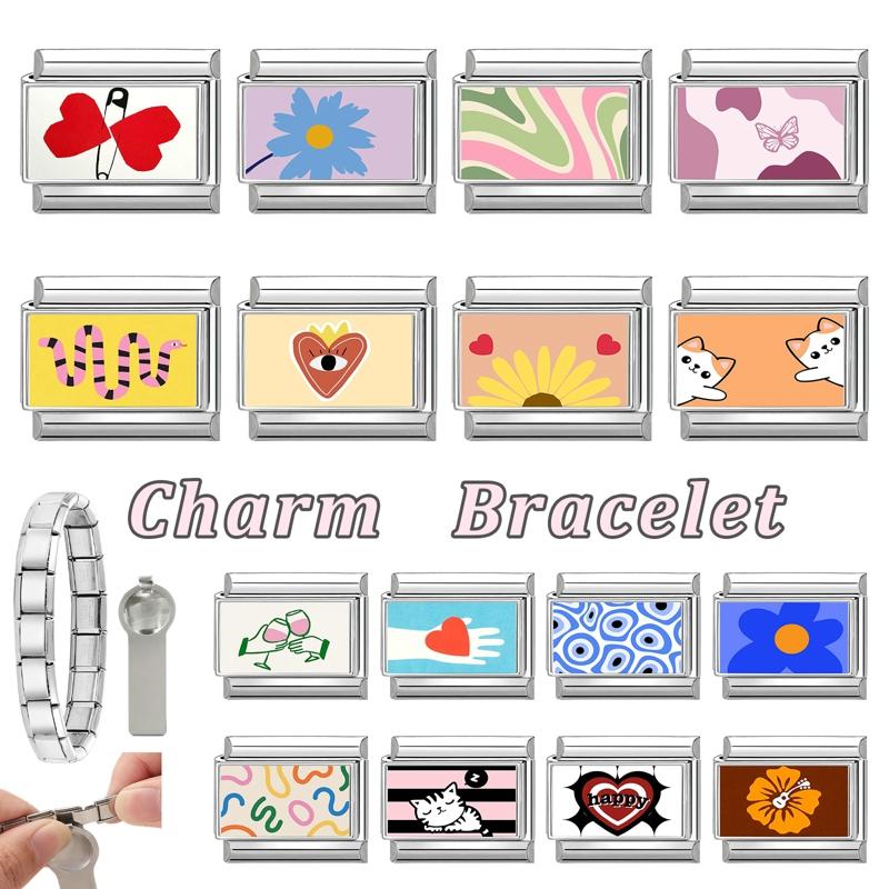 Wholesale Sunflower Rainbow Butterfly Cat Heart Eyes Italian Charm Links Fit 9MM Stainless Steel Bracelet Women DIY Making Gift