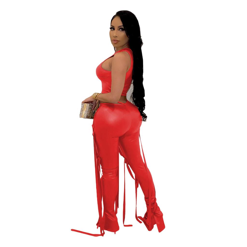 AL154 Women's Sexy Two-Piece Set: Strappy Tank Top & Faux Leather Pants for Nightclub Summer Wear.