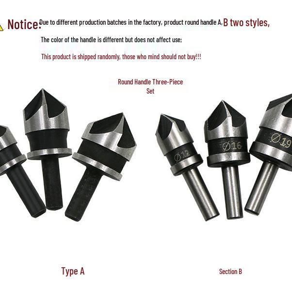 Carbon Steel Hex Shank Countersink Bit Set: 90° Five-Flute, 3-Piece (12/16/19mm) Chamfering & Deburring Tool for Woodworking
