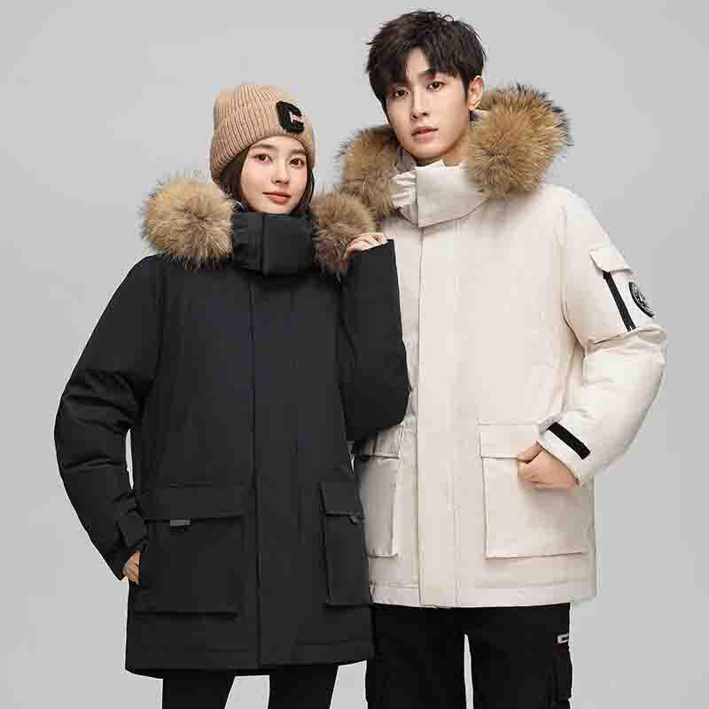 Men's American Style Winter Parka with Large Fur Collar, Mid-Length Outdoor Couple's Jacket, Mountain Windbreaker