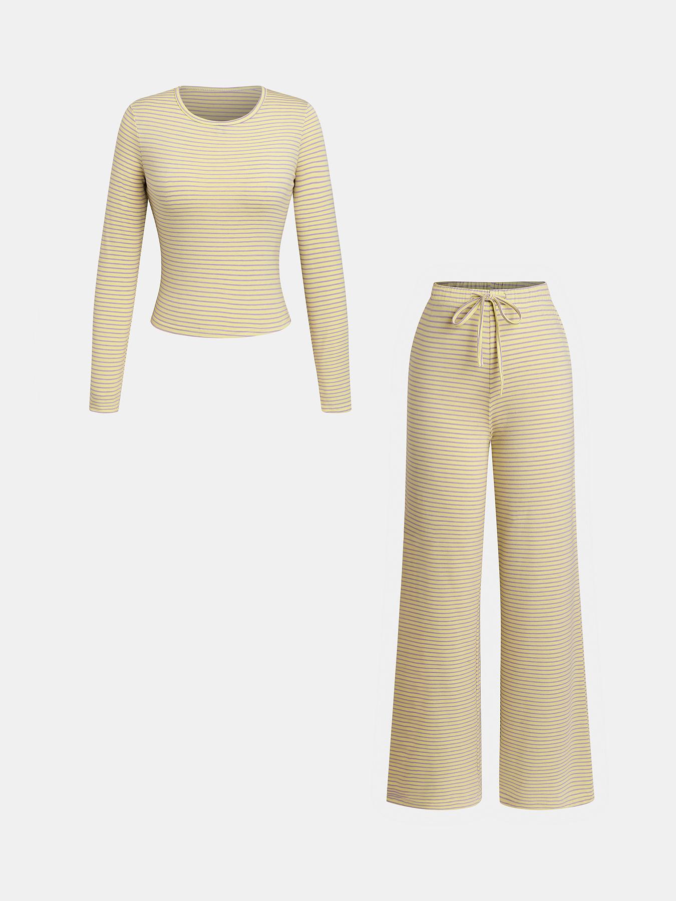 

European and American Autumn/Winter Casual Striped Loungewear Set with Round Neck, Long Sleeves, Drawstring and Straight Leg Pants. XS жёлтый