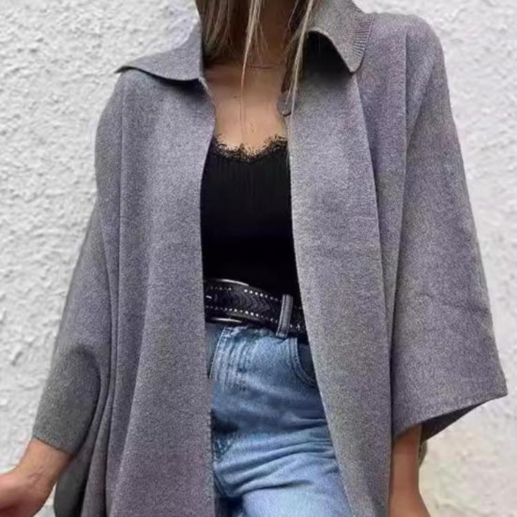 Women Cape Jacket Cardigan Fall Spring Coat Dolman Sleeve Turn Down Collar Loose Open Stitch Irregular Hem Solid Color Dating Commuting Poncho