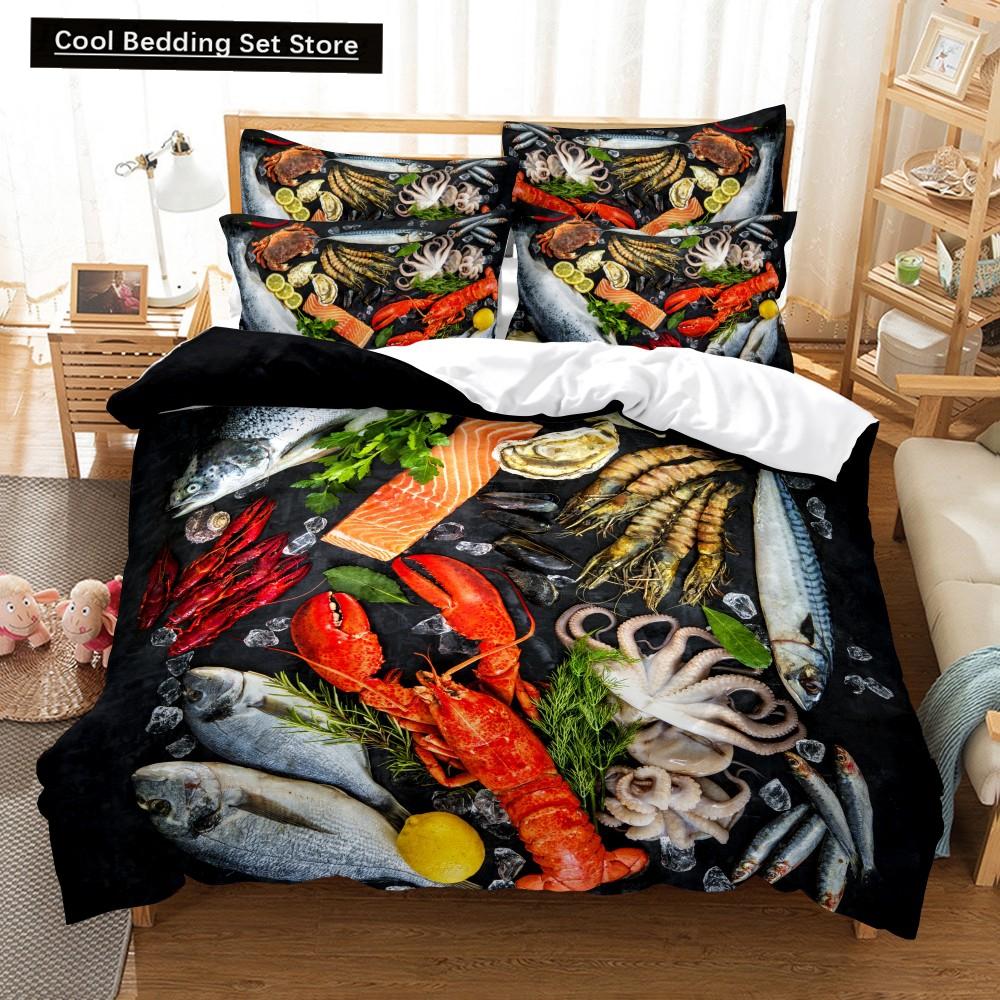 Essen Rindfleisch Bettwäsche Set 3D Frisches Fleisch Bettbezug King/Queen Größe Köstliche Meeresfrüchte Sashimi Hähnchenschenkel Steak Realistischer Bettdeckenbezug