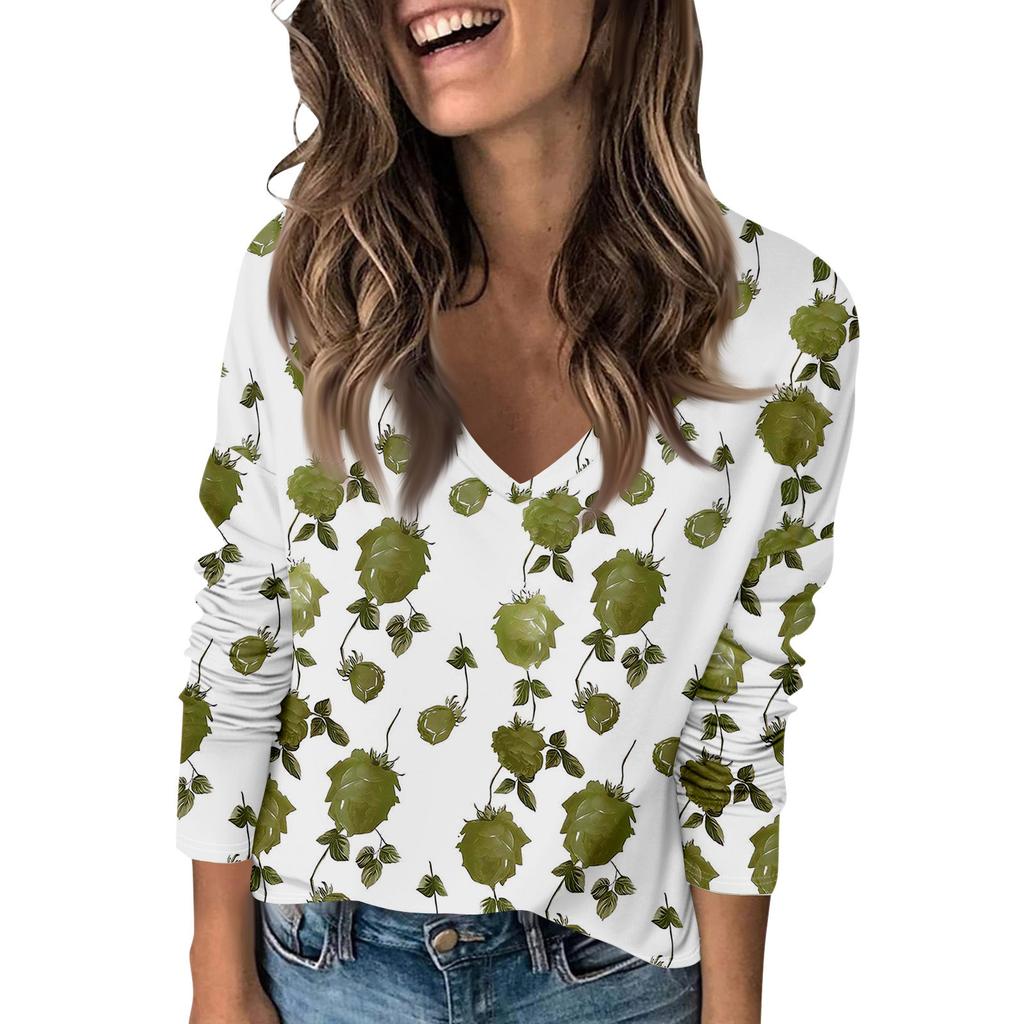 Ladies' Fashionable Casual Long Sleeved Retro Floral Print V-Neck Top Women'S T-Shirts Women Clothes Playeras De Mujeres