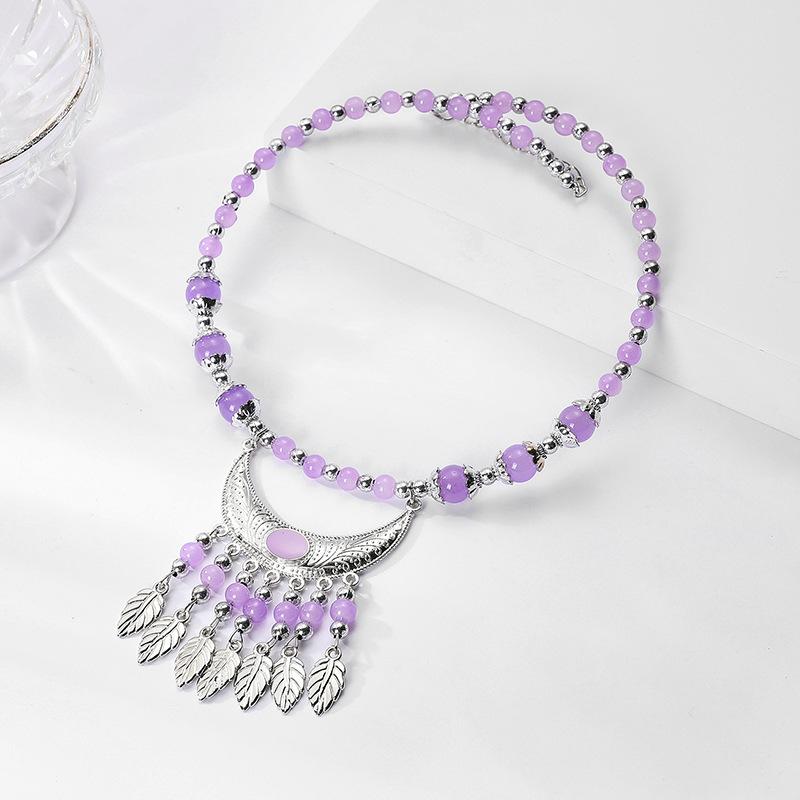 Ethnic Style Collar Necklace Ethnic Style Headdress Hair Accessories Crescent Leaf Tassel Seedling Silver Necklace Bridal Accessories