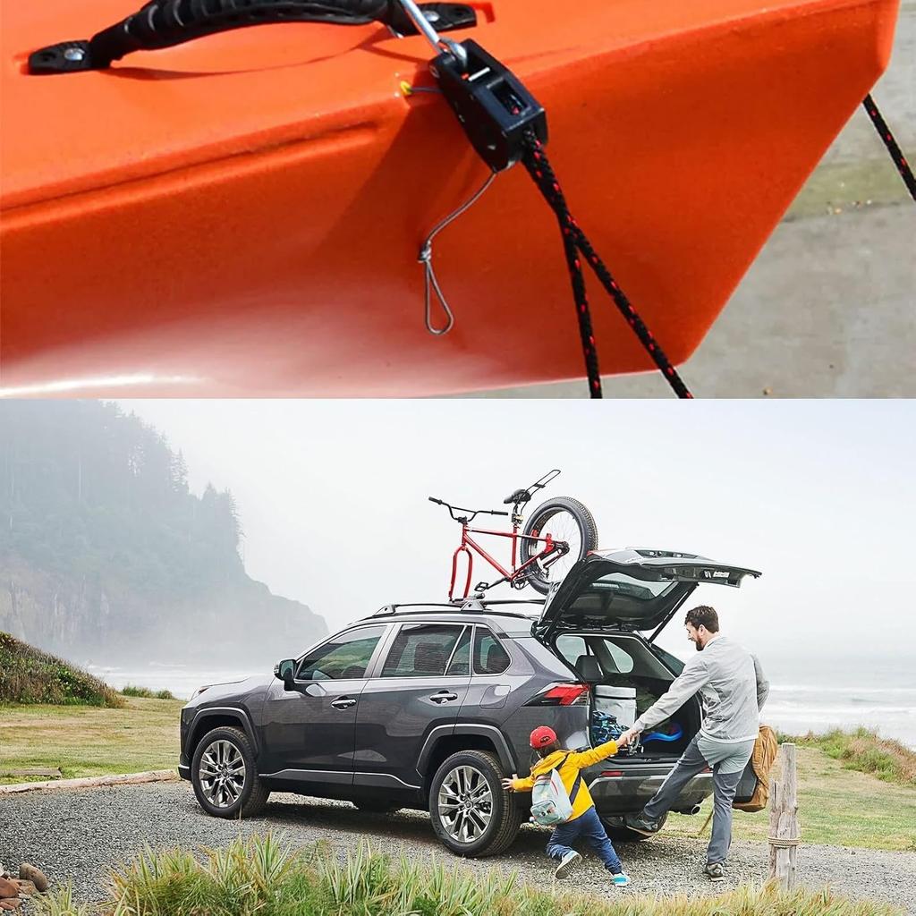 2 Pcs Kayak Rope Tie Downs, 3/8 Inch Canoe Bow and Stern Tie Downs Straps, Heavy Duty Adjustable Rope Clip Tie Down