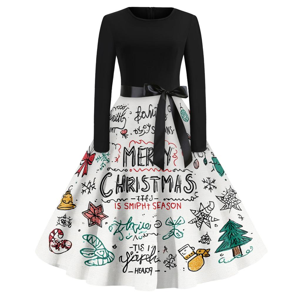 Women's Casual Fashion Round Neck Christmas Printed Vintage Dress