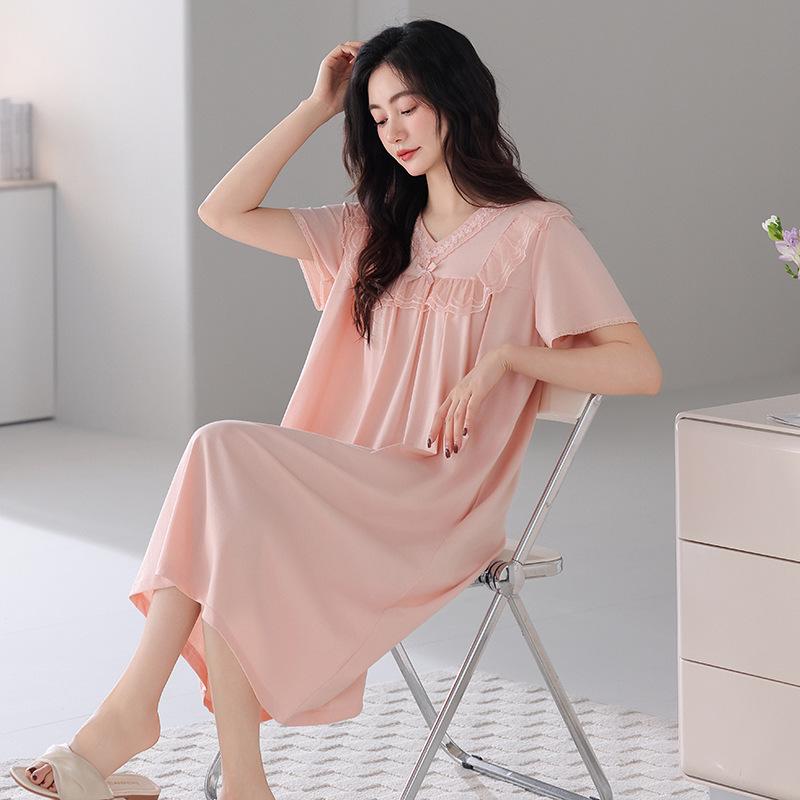 Women's Summer Court Style Lace Pajama Dress, Pure Cotton, Short Sleeve, Plus Size, Mid-Length, Wearable Outdoors, High-End Feel
