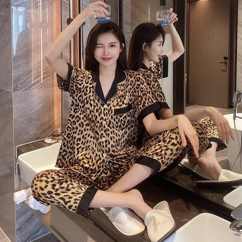 Primavera y Verano Sexy Leopardo Seda de Hielo Camisón Pijama Traje Ropa de Casa Ropa de Casa Moderna y Cómoda