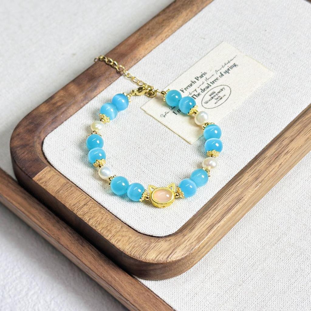 Cat's Eye Pearl & Agate Peach Bracelet - Cute Friendship Jewelry for Women and Students