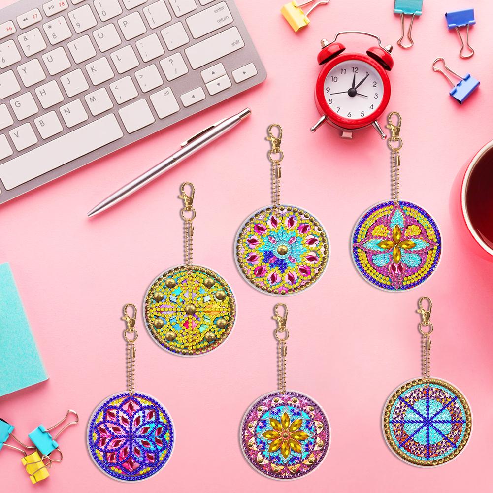 6PCS Full Drill Keyring Barrel Flowers Double Sided Diamond Art Keyring Mandala for Beginners Birthday Crafting Home Party Decor