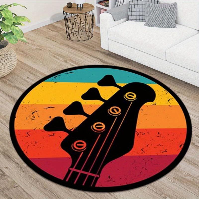 Round Retro Bass Guitar Head Print Rug Non-slip Floor Mat for Music Room Bedroom Living Room Home Decoration