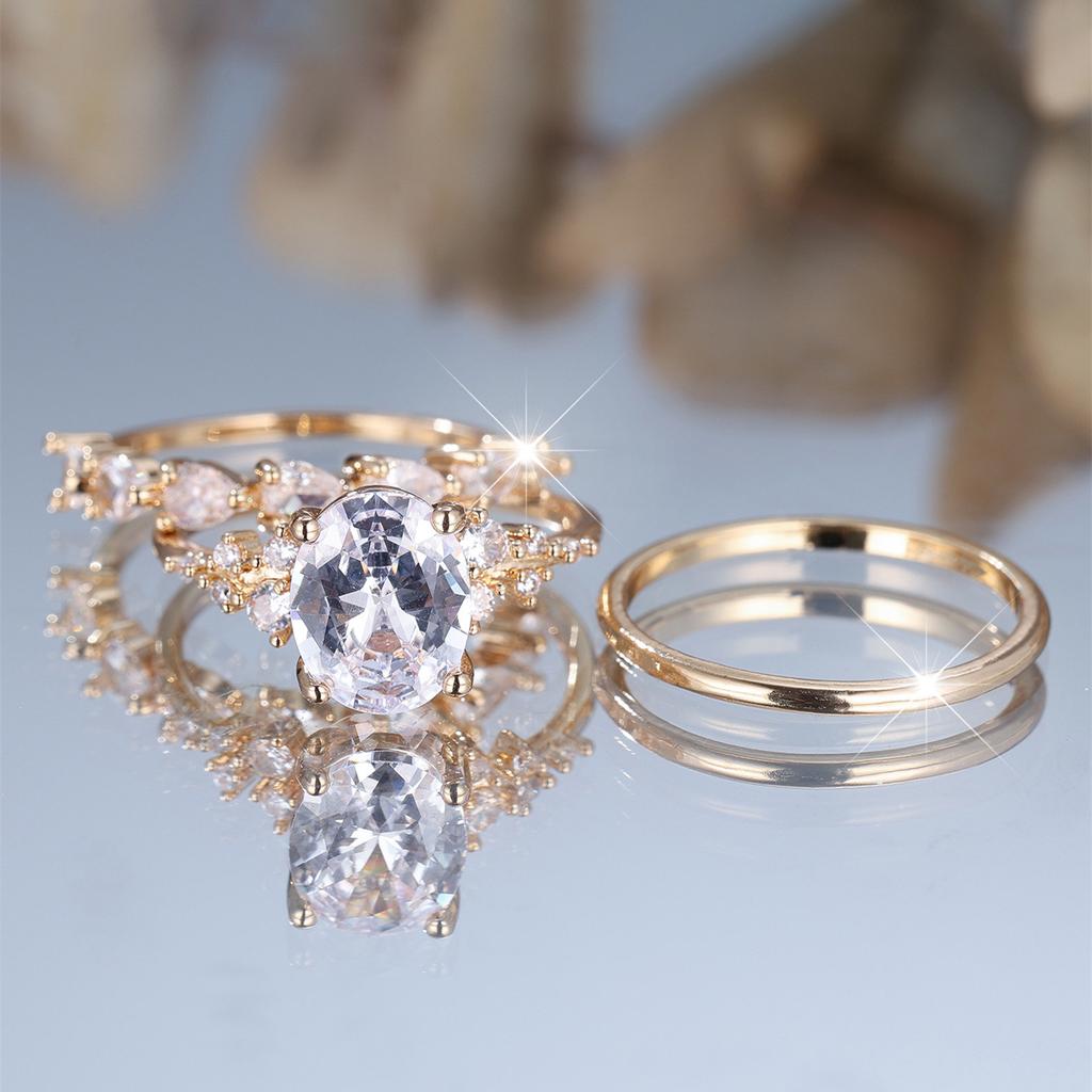 European and American style water drop diamond ring set Simple, minimalist three-piece ring set with diamond accents