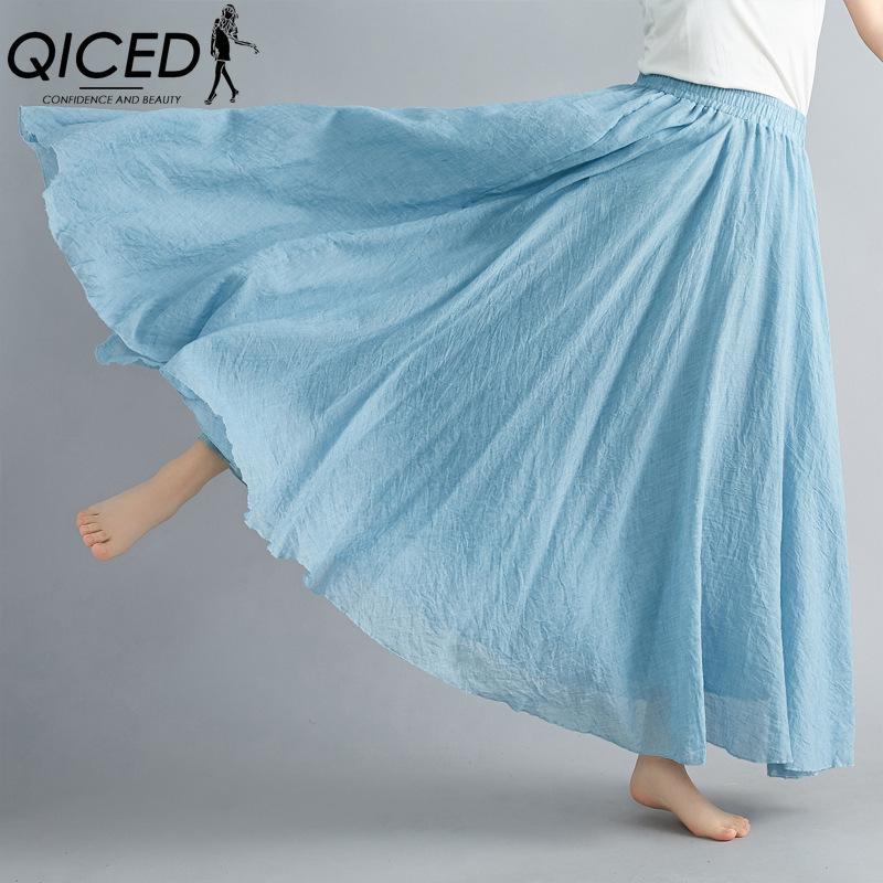 QICED Forest Girl's Artistic Plus-size Cotton and Linen Skirt, Elastic Waist A-line Skirt, Long Solid Color Ethnic Style Large Skirt, 24 Colors
