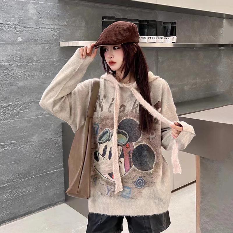 2024 A/W Rhinestone Mickey Hoodie Sweater - Women's Loose Knit Top in Versatile Lazy Style