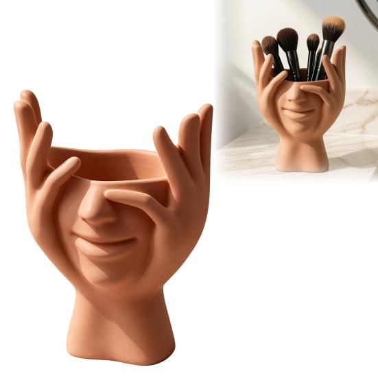 Contemporary Desk Accessory for Friends 3D Printed Face Vase, Face-Holding Pen Holder Art Decor, Creative Makeup Brush Modern Minimalist Home