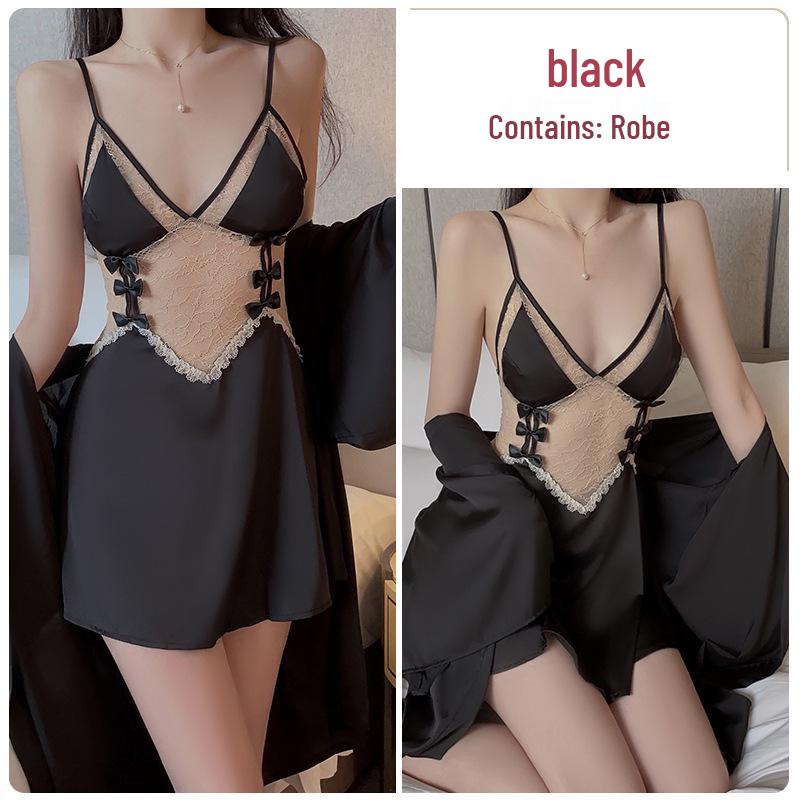 Set Cămașă de Noapte Camisolă Transparentă cu Fundă din Dantelă Superbă - Pijamale pentru Femei Homewear