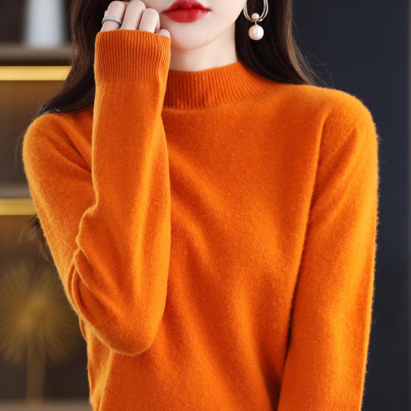 Women's 100% Wool Seamless Pullover Sweater: Autumn/Winter Half-High Neck Base Layer
