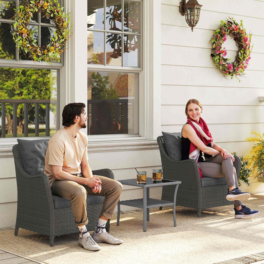 Rattan Garden Chairs Set of 2, Outdoor Rattan Chairs with Cushions, Armrests and High Back, PE Wicker Garden Armchair with Steel Frame for Balcony
