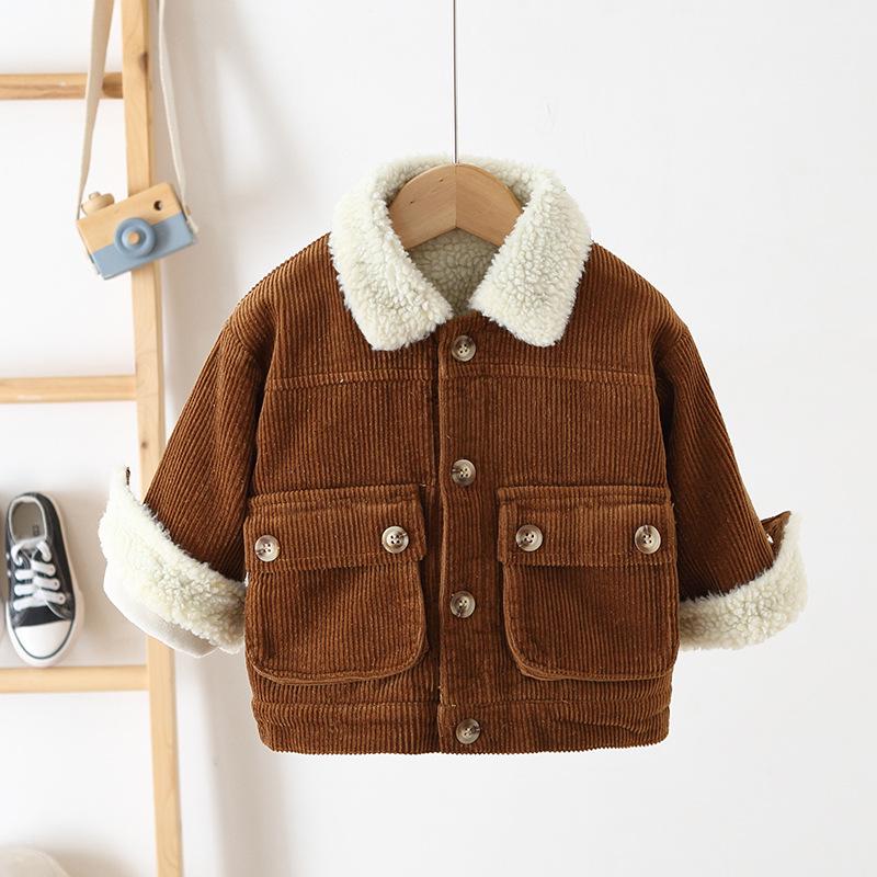 Korean Style 2025 Kids' Fleece-Lined Corduroy Jacket – Trendy & Warm Winter Top for Boys and Girls