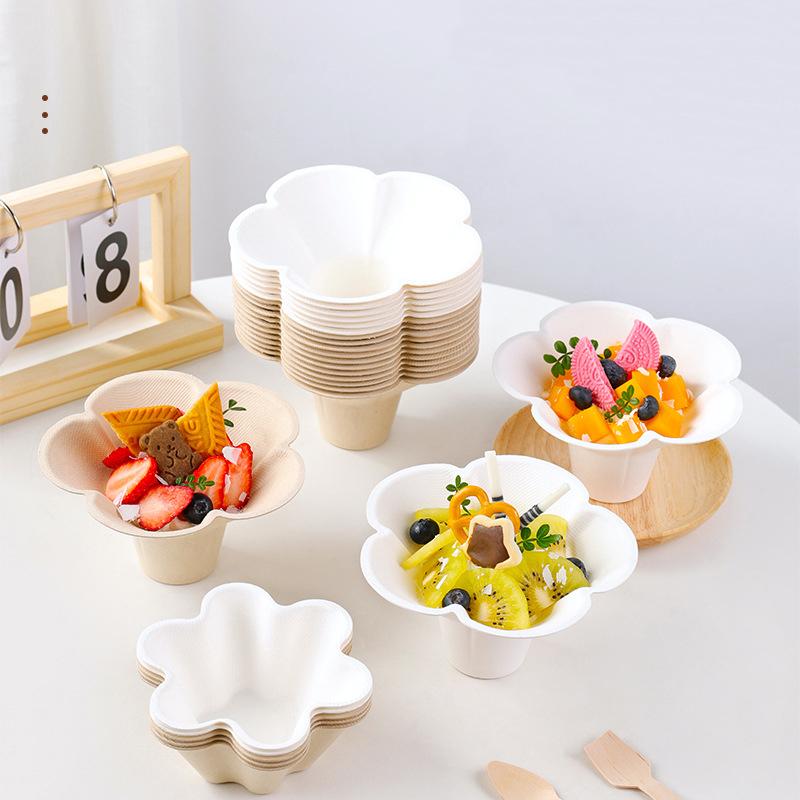 10Pcs Petal Shaped Disposable Paper Bowl Picnic Birthday Party Handheld Home Ice Cream Dessert Packing Cup Fruit Oat Yogurt Bowl