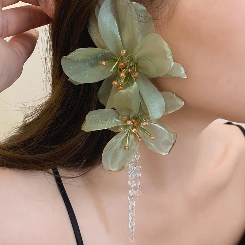 Silver Needle Crystal Tassel Flower Mesh Earrings - Elegant Niche Dangle for Women
