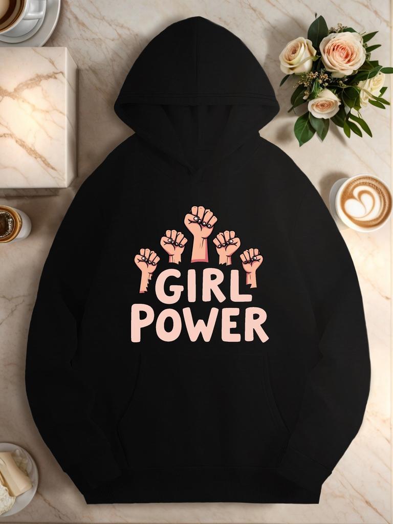 A Cozy Hoodie for Plus-Size Women Featuring Motivational Fists And Phrases, Designed As a Pullover with a Front Pocket, Perfect fo