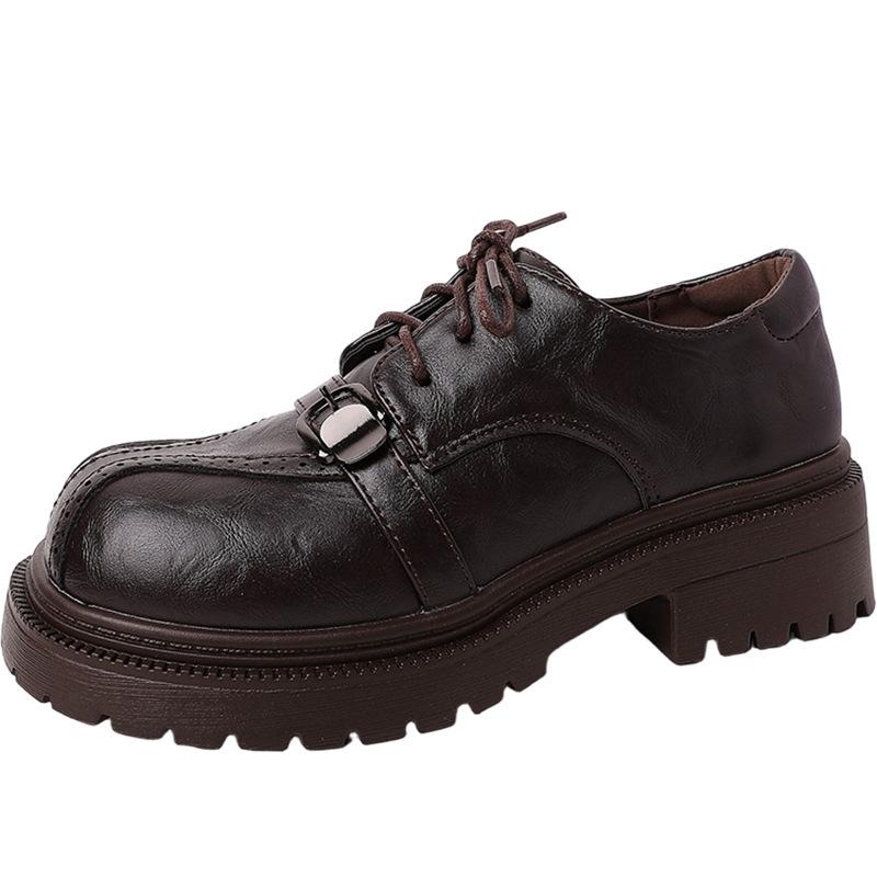 British style thick heel high heel small leather shoes women's summer fashion retro lace-up skirt single shoes thick sole shallow mouth loafers