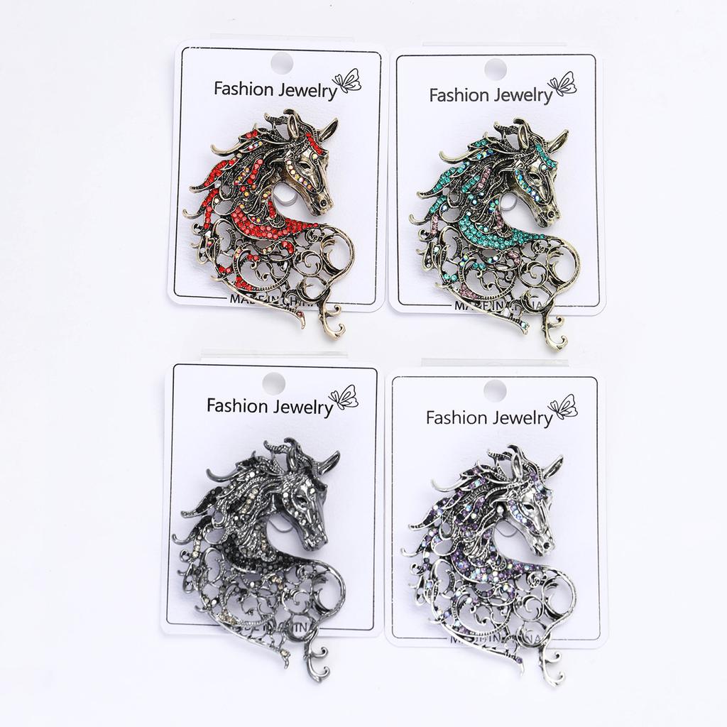 Vintage Hollow Out Handsome Horse Brooch Crystal Badge Pin Jewelry Accessory