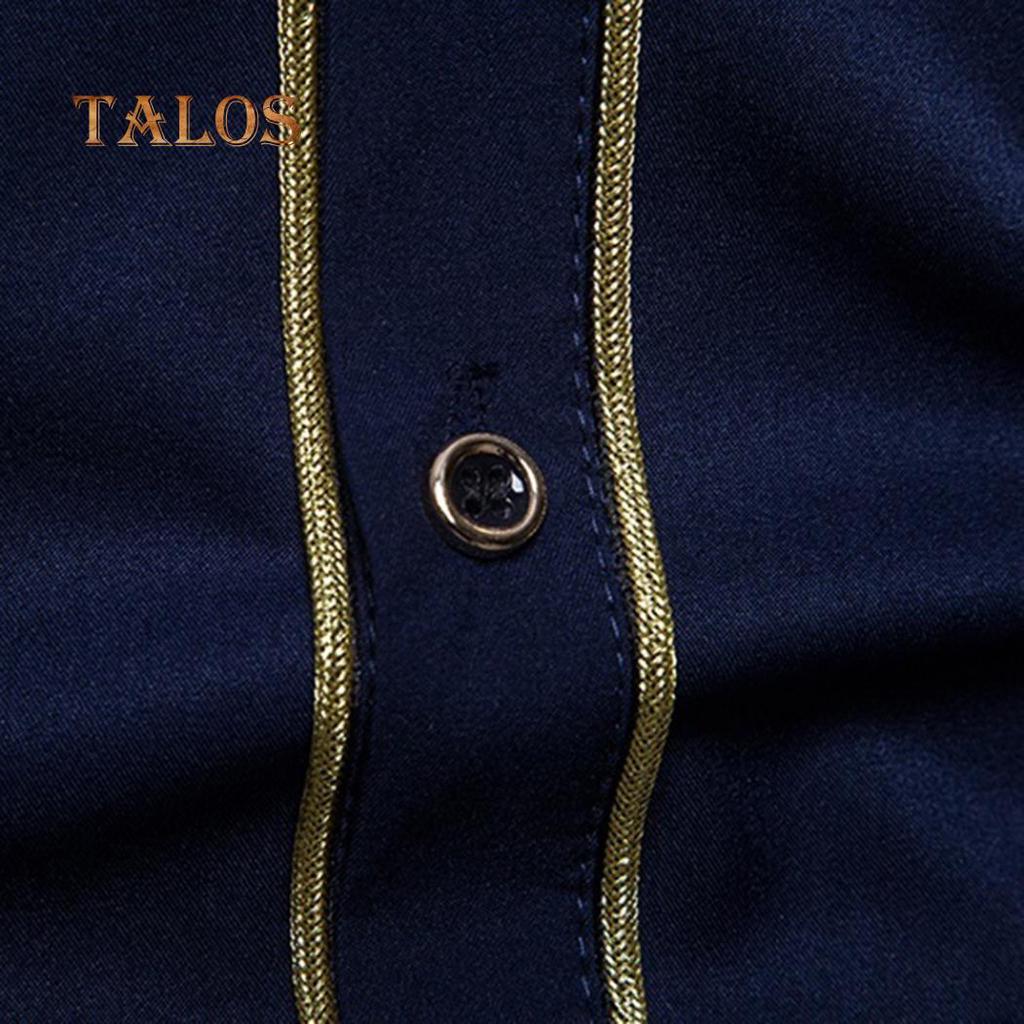 TALOS Men Clothing Embroidery Flower Button Stand Collar Long Sleeve Shirt Blouse Top