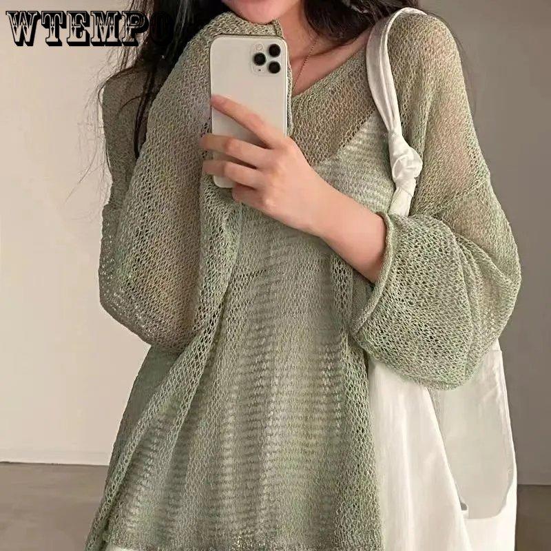 WTEMPO Loose Full Sleeve Jumpers Tops Hollow Out Solid Sexy Knitted Pullovers Women Fashion Casual Streetwear Chic Sweaters