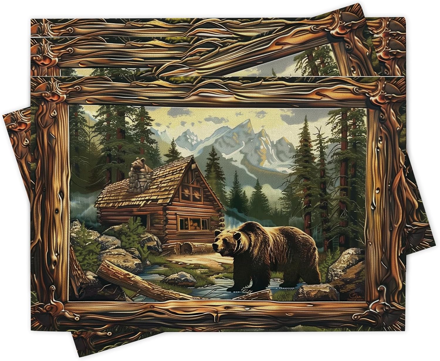 

Vintage Wildlife Placemats Set of 4, Retro Farmhouse Bear Cabin Forest Mountain Dining Place Mats Table Decor 4Pcs