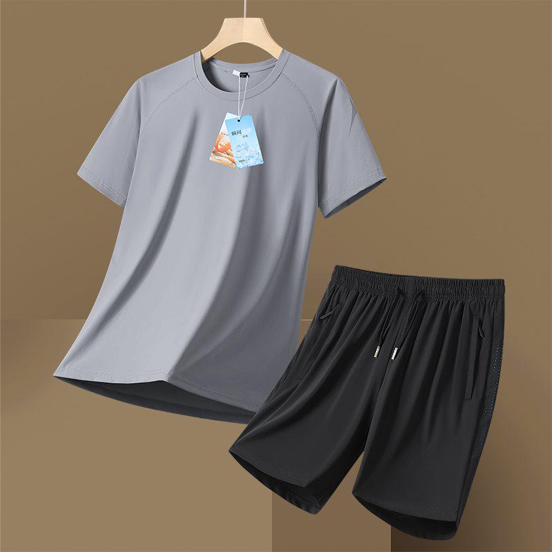 Men's Summer Ice Silk Sports Suit - Casual Two-piece Short Sleeve T-shirt & Shorts Set for All Ages.