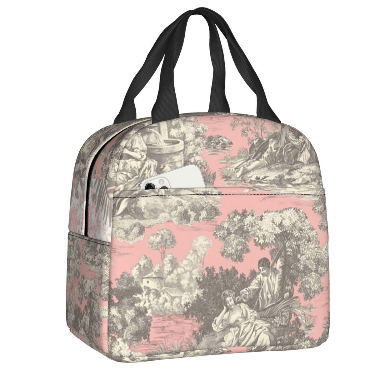 Custom Powder Blue French Toile Picnic Designs Portable Lunch Boxes for Women Leakproof Cooler Thermal Food Insulated Lunch Bag 22x20x13cm