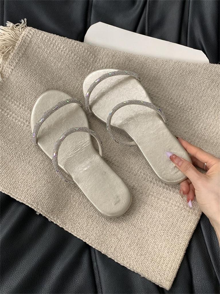 Purple women's sandals summer flat bottom one word with rhinestone slippers women wear trendy slippers