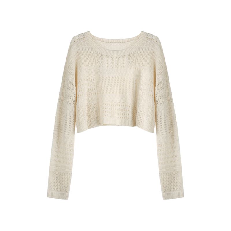 Short Hollowed Out Sun Resistant Knitted Cover for Women's Spicy Girls In Autumn Retro Loose Design Niche Long Sleeved Top