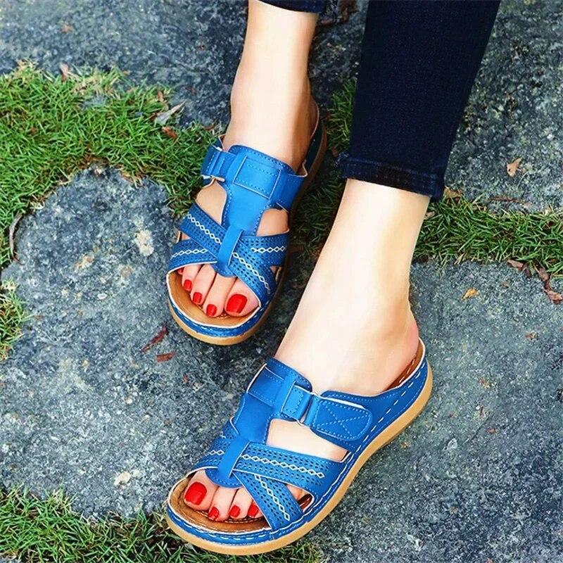 Sandálias femininas de verão, sandálias de cunha premium, ortopédicas, dedo aberto, vintage, antiderrapante, couro, casual, plataforma feminina, sapatos retrô