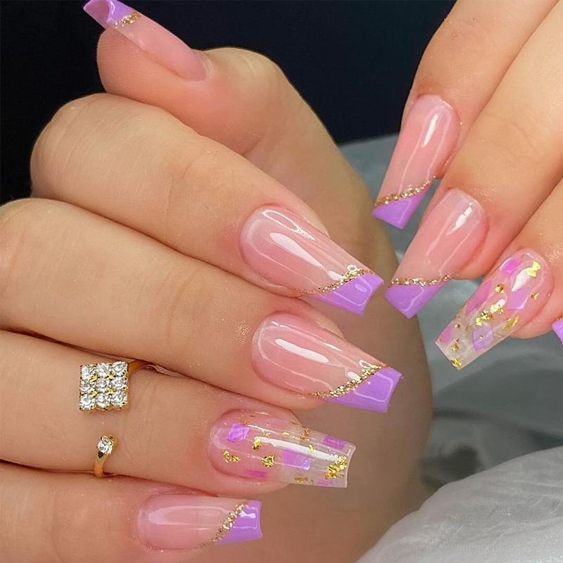 

Purple Gold Glitter Medium-Long Luxury Nail Pieces with Jelly Glue Glue Type