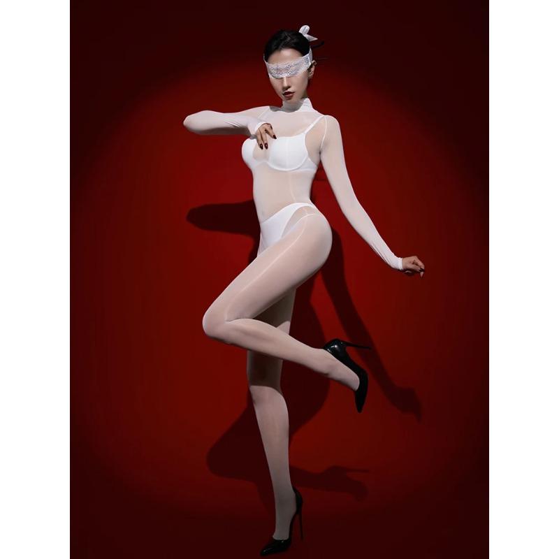 Sexy Maid Tights Glossy Elastic Bodysuit Sheer See Through Rompers One-Piece Jumpsuits Leotard Cosplay Sex Game Sm Toys Ootd