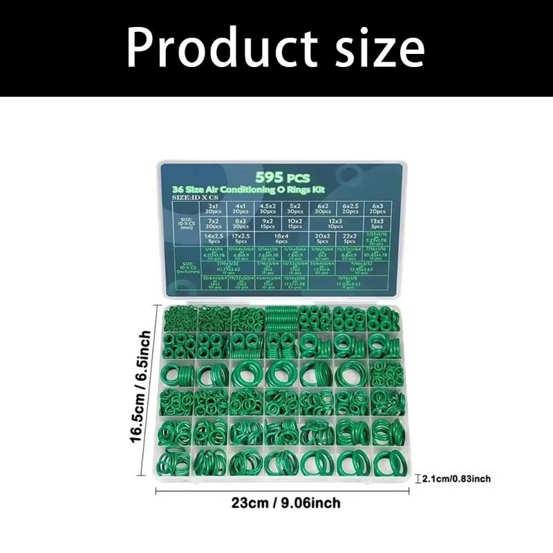 595 Piece Air Conditioning O Gasket Kit, 36 Size Green Rubber O Gasket Set with Size References In Storage Case for Repair Use and Maintenance