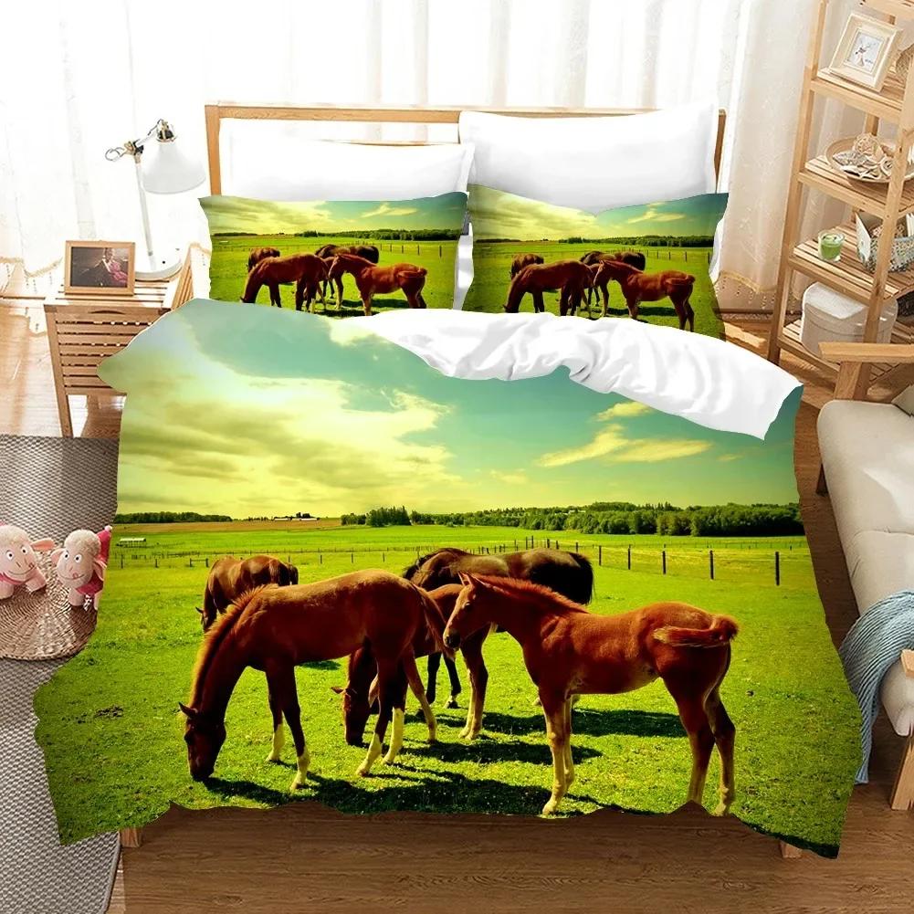 Running Horses Comfortable Duvet Quilt Cover Pillowcase Bedding Set Children Bedroom Decoration Home Textile