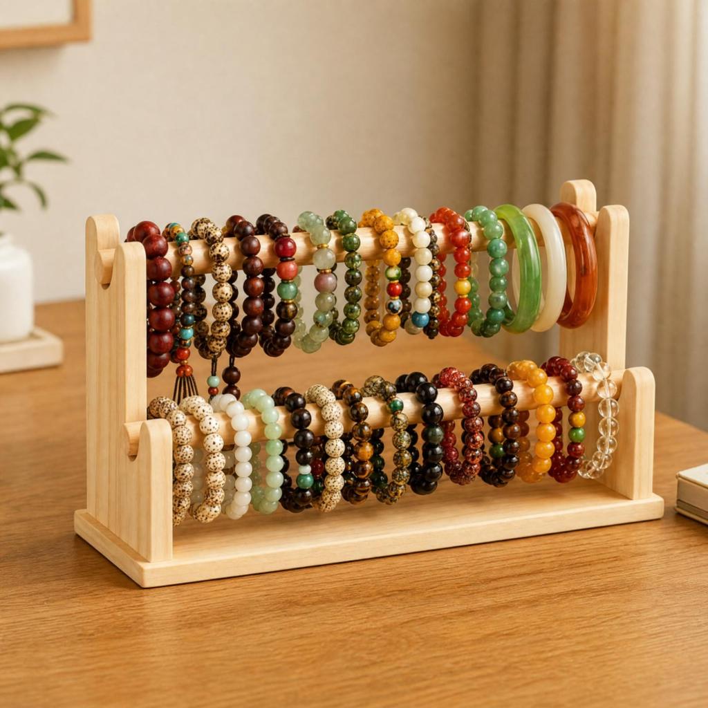 Wood Jewelry Organizer with Base Tray Open Design Tabletop Display Rack Stable Necklace and