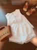 Girls' 2026 Trendy Korean-Style Chic White Cotton Hollow-Out Shorts Set