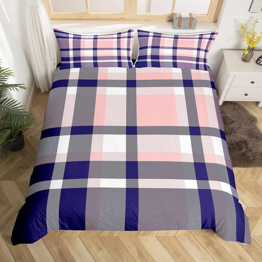 Pastel Plaid Duvet Cover Queen King Size Geometric Striped Watercolor Gradient Themed Bedding Set 3 Pcs For Kids Toddler Girls
