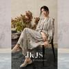 JK&JS Painted Spring Mountain New Chinese Style Rayon Linen Long Sleeve V-Neck Maxi Dress