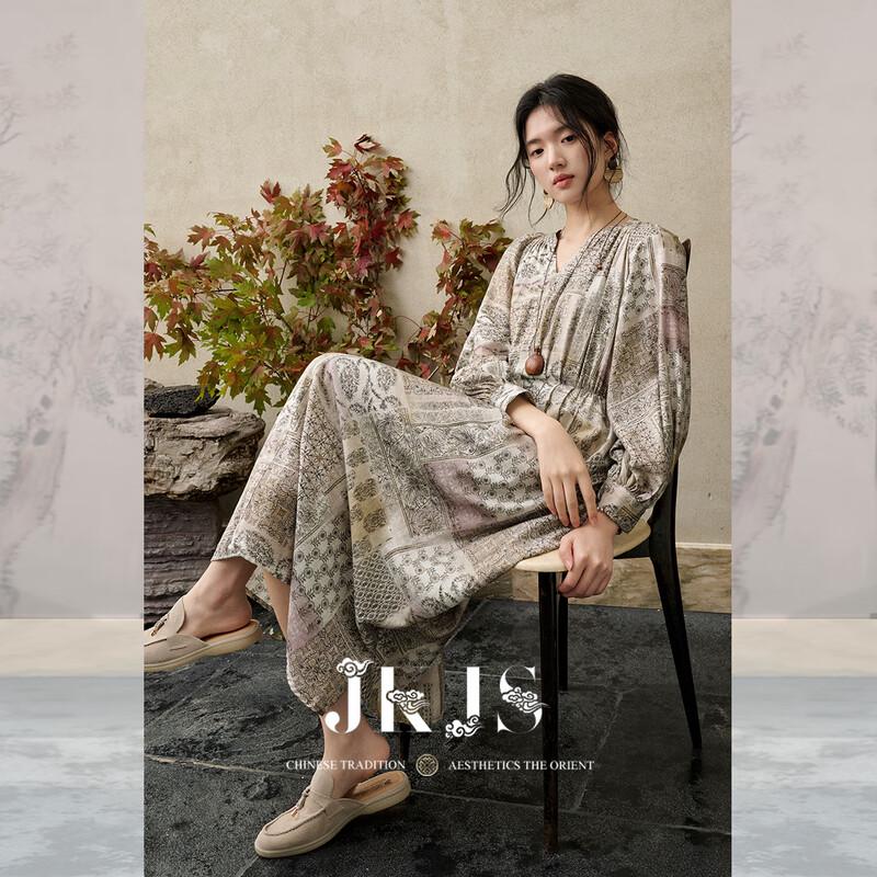 JK&JS Painted Spring Mountain New Chinese Style Rayon Linen Long Sleeve V-Neck Maxi Dress