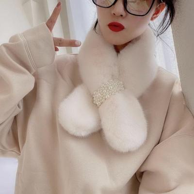 Korean Style Thickened Warm Plush Pearl Scarf - Autumn & Winter Cross Neck Warmer for Girls