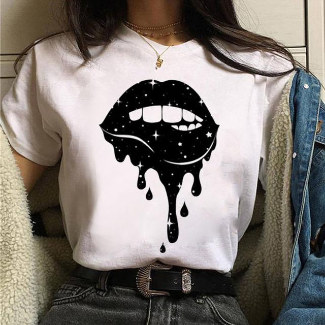 Fruit And Lips Print T Shirt New Fashion Women T Shirt Harajuku Tops Female Graphic Tee Ladies Cute Tee Shirt White Woman T-Shi