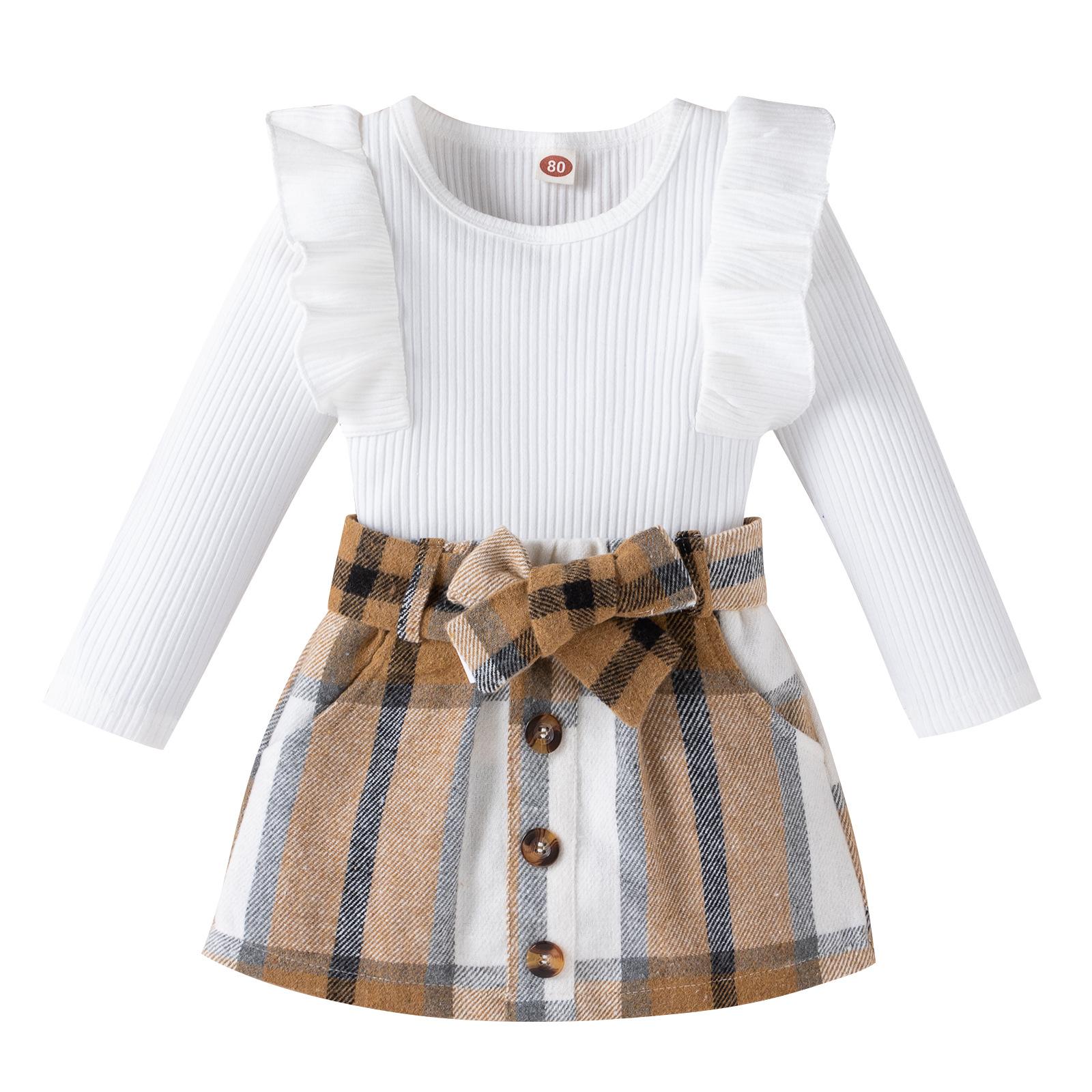 Girls  Korean Style College Style British Autumn Ribbed Ruffle Long Sleeve Plaid Skirt Toddler Outfit 120cm белый