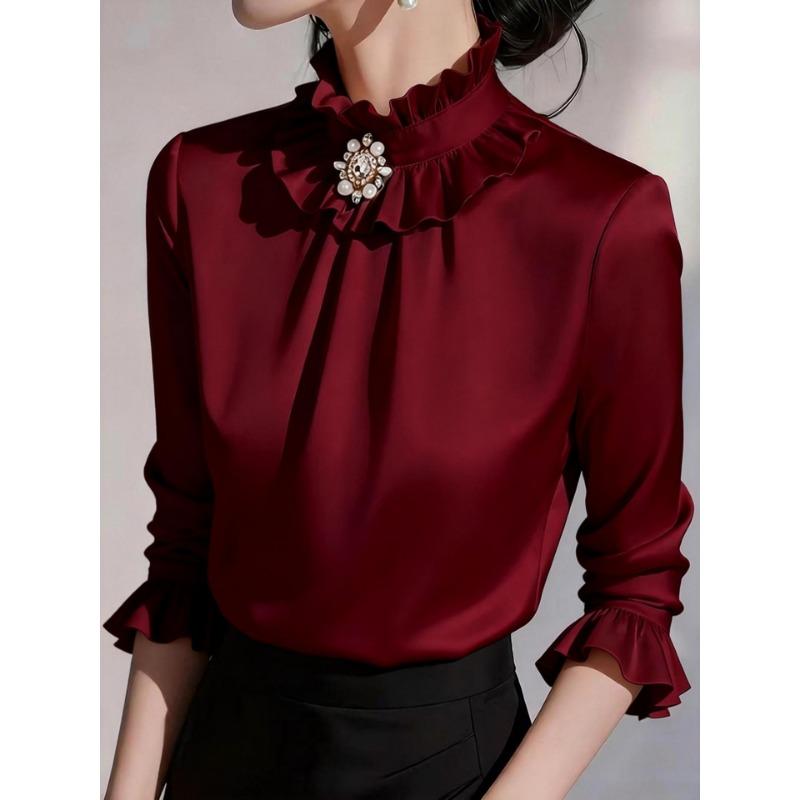 Women ruffled stand collar satin three quarter sleeve shirt multi color slim fit rhinestone pearl brooch office elegant blouse